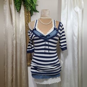 ♡ Y2K ♡ Hollister Blue Striped V Neck Layering Half Sleeve Top